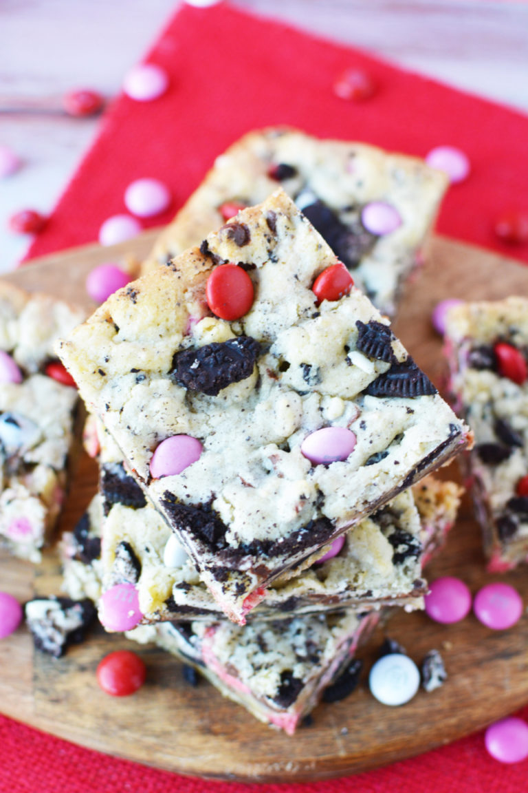 blondies stuffed with oreos and valentines day M&m candies
