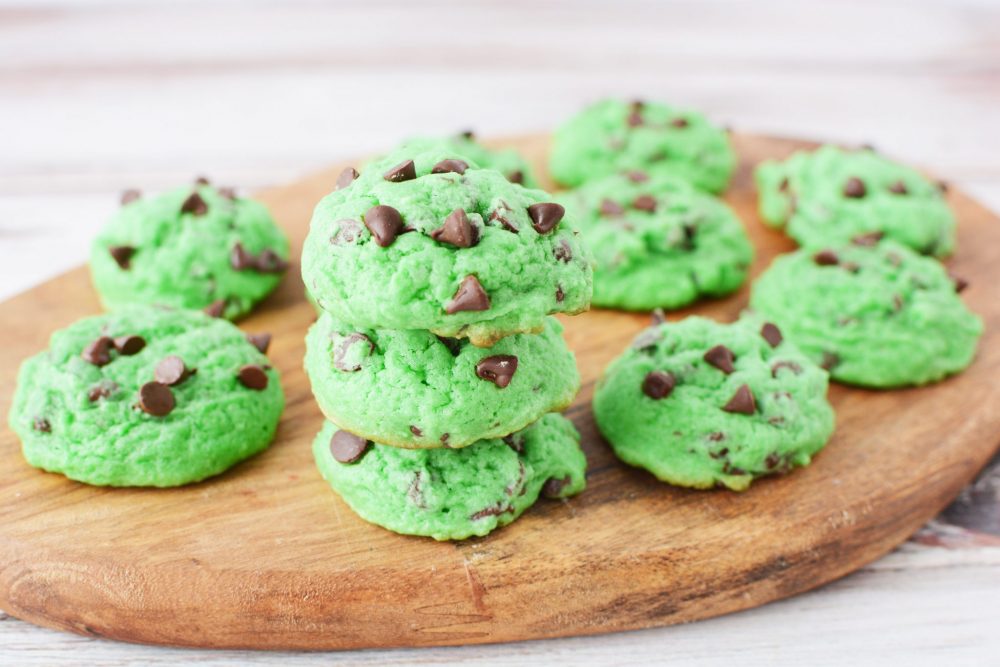 Mint Chocolate Chip Cookies on a wooden cutting board