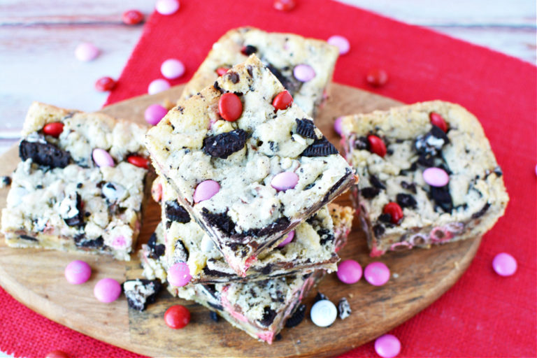  blondies stuffed with oreos and valentines day M&m candies