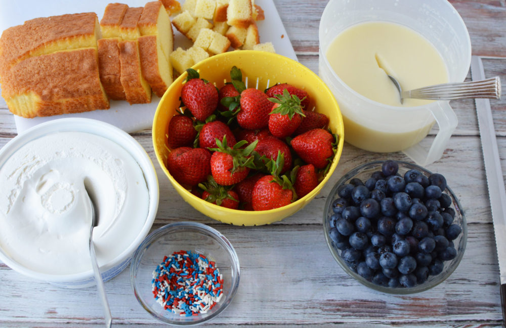 All of the ingredients that you need to make a red white and blue trifle. 