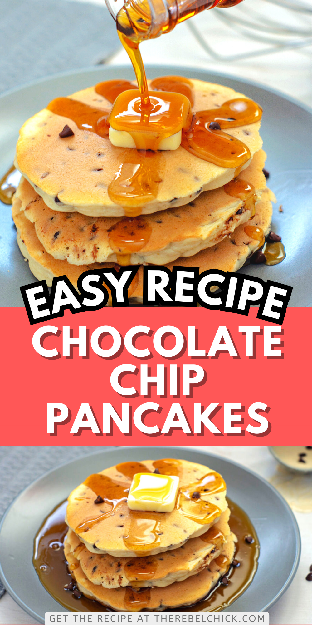Chocolate Chip Pancakes covered in a pat of butter and syrup