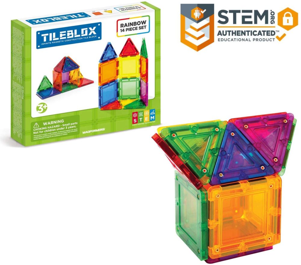 Tileblox Rainbow 14pc Set Magnetic Building Blocks Educational Magnetic Tiles Kit , Magnetic Construction STEM Toy Set