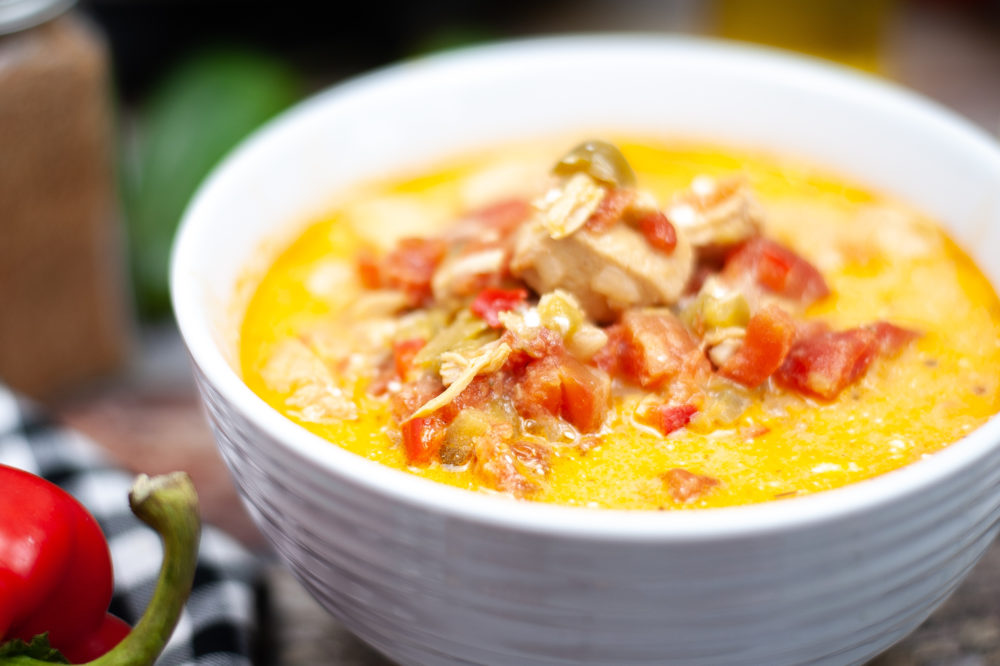 A cozy bowl of chicken fajita soup.
