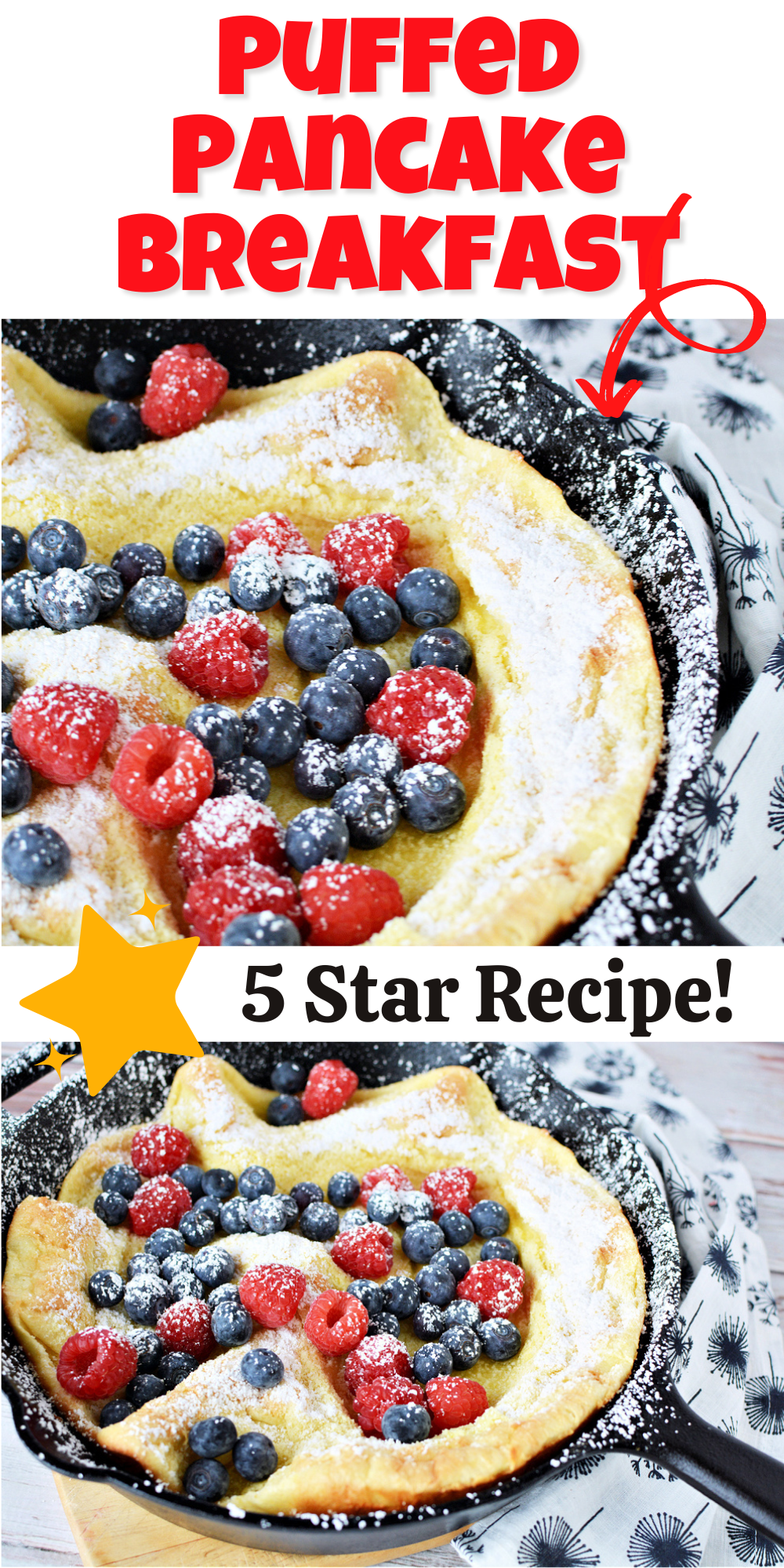 Puffed pancake filled with fresh berries and sprinkled with powdered sugar