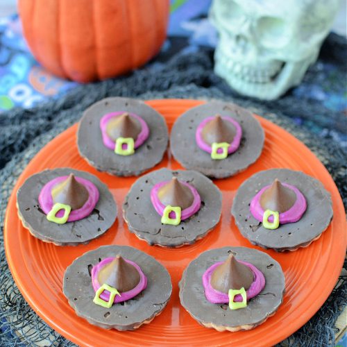 fudge round cookies decorated to look like a witch hat
