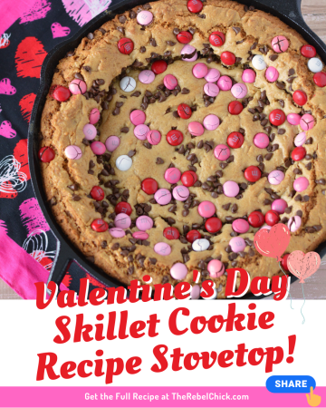 Cookie Skillet Recipe Stovetop full of chocolate chips and M&Ms