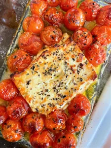 An easy Valentine's Day Pasta Recipes for Two with Feta Cheese and Cherry Tomatoes