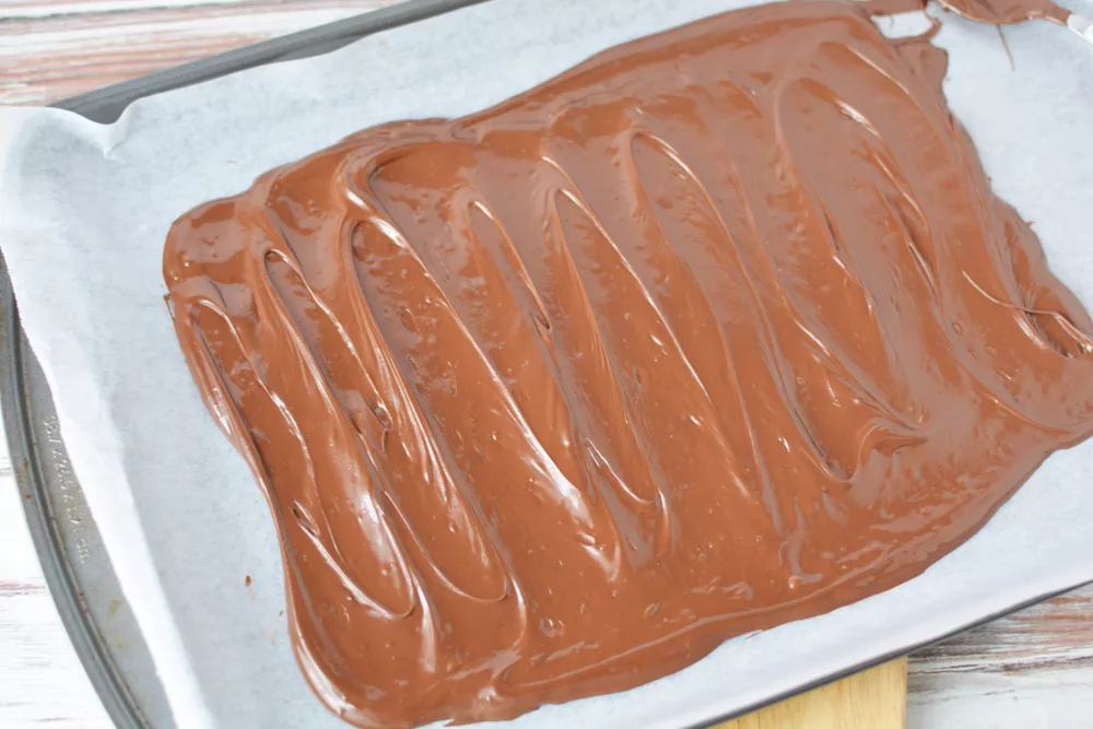 Spread melted chocolate into an even layer on your prepared cookie sheet lined with wax paper, about ¼" thick