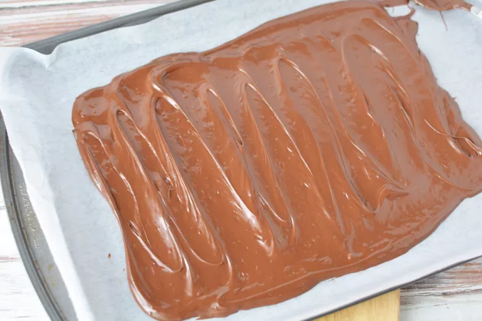 Spread melted chocolate into an even layer on your prepared cookie sheet lined with wax paper, about ¼" thick