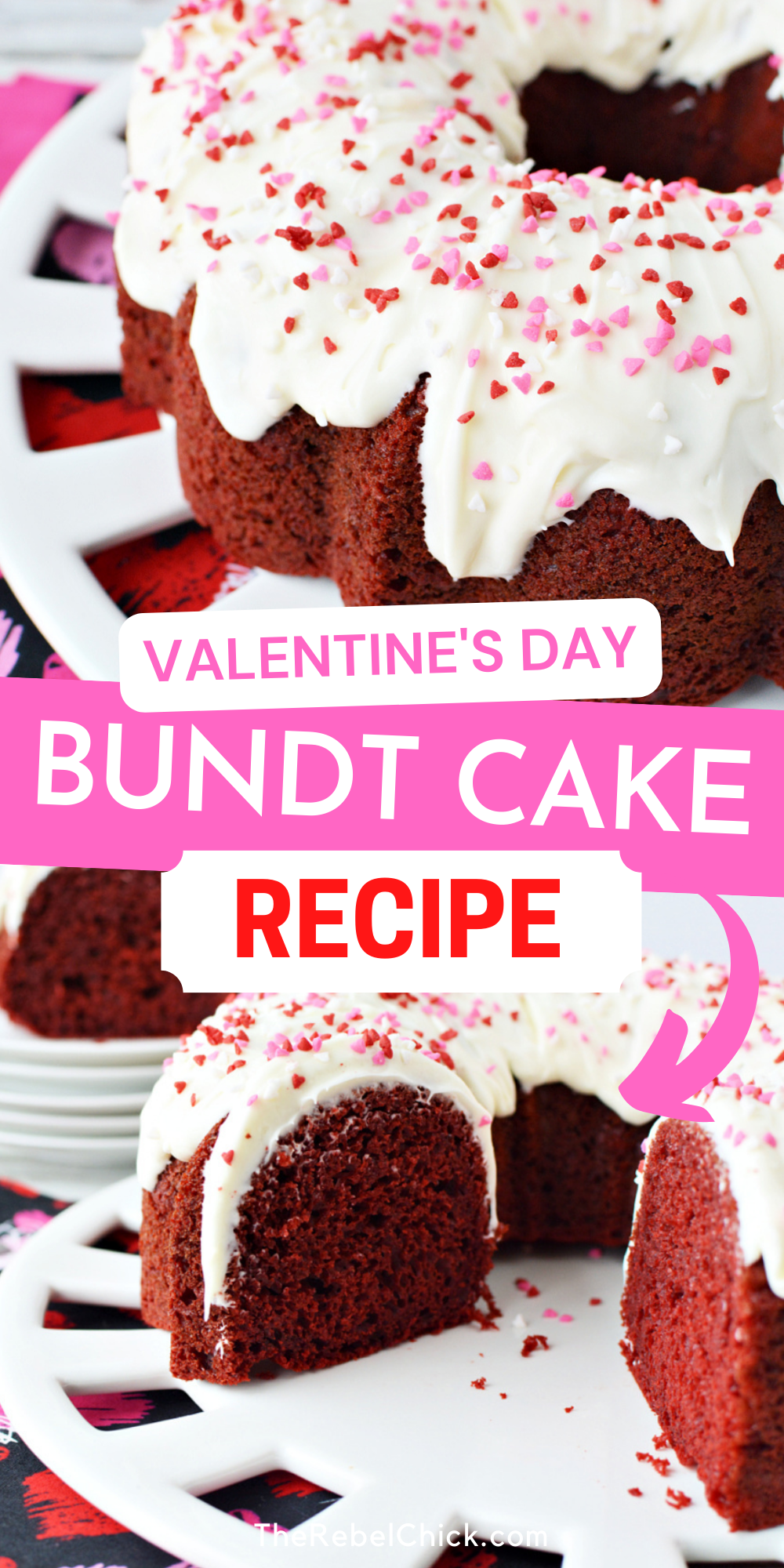 Red Velvet Bundt Cake covered in white frosting and valentines day sprinkles