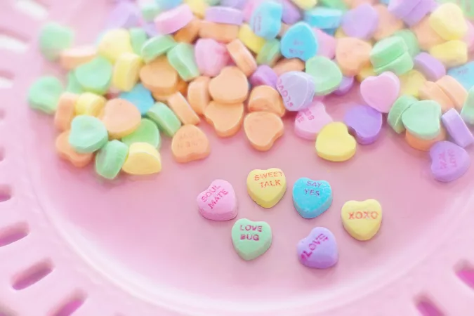 valentines day conversation hearts in pastel colors