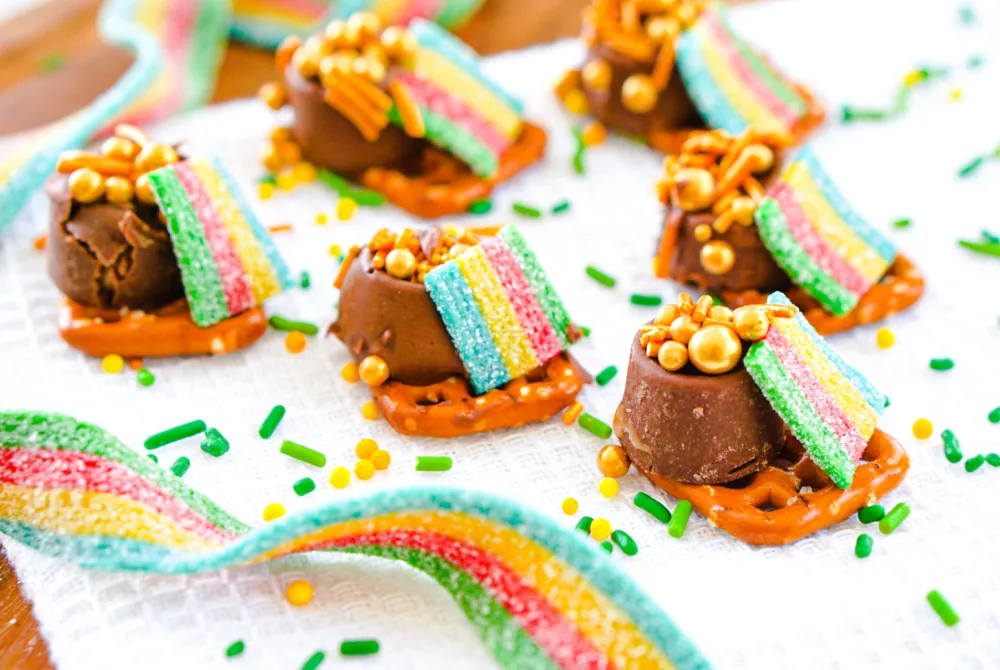Rolos and Pretzels with gold candy sprinkles and rainbow candy belts