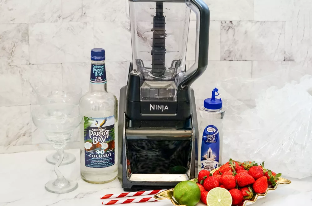 Ninja Foodi blender, fresh strawberries, lime, tequila and simple syrup
