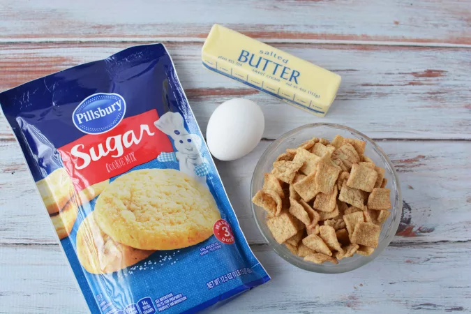 ingredients are sugar cookie mix, egg, butter and cereal