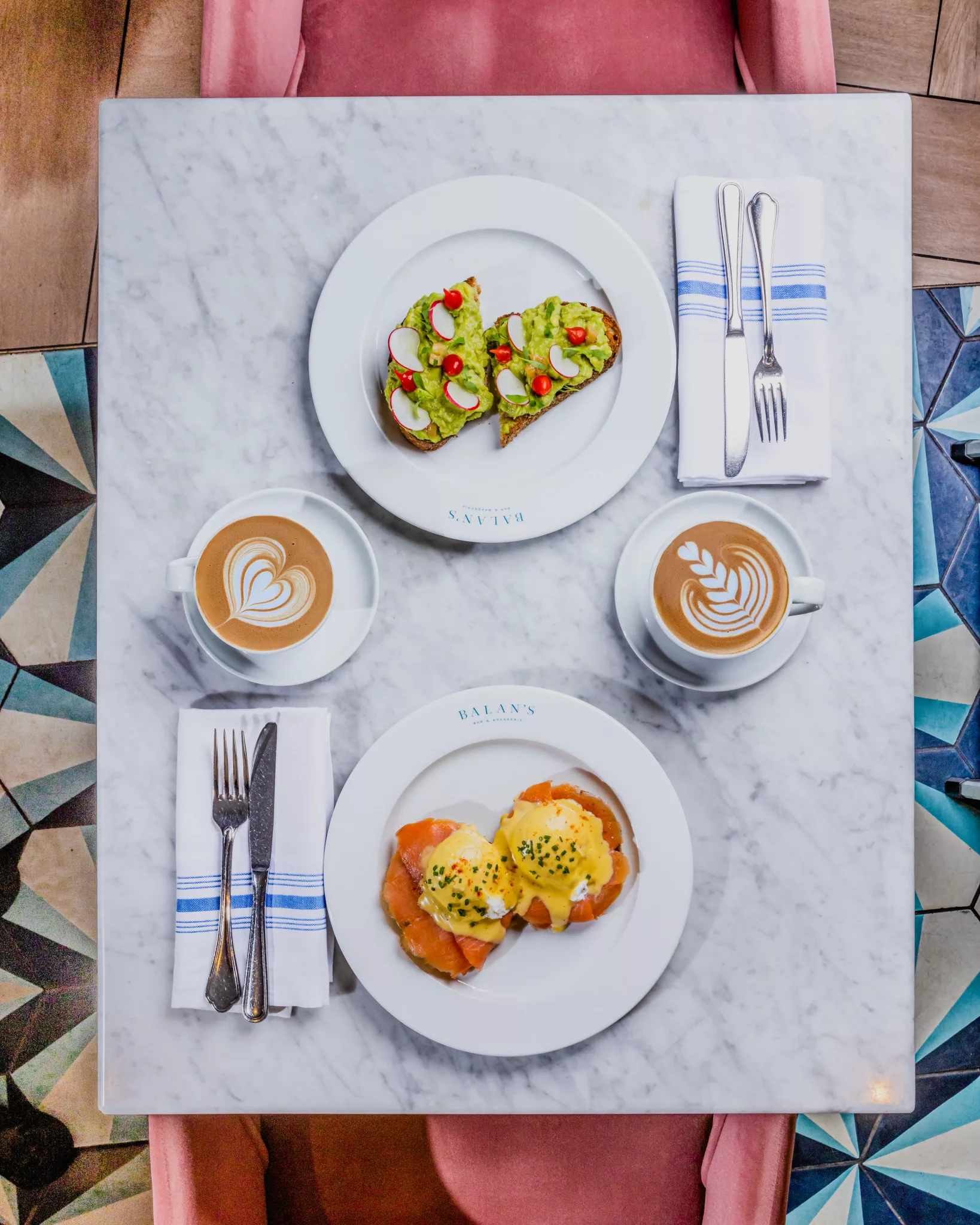 Mother's day brunch spread at Balans in Miami, featuring eggs benedict and avocado toast