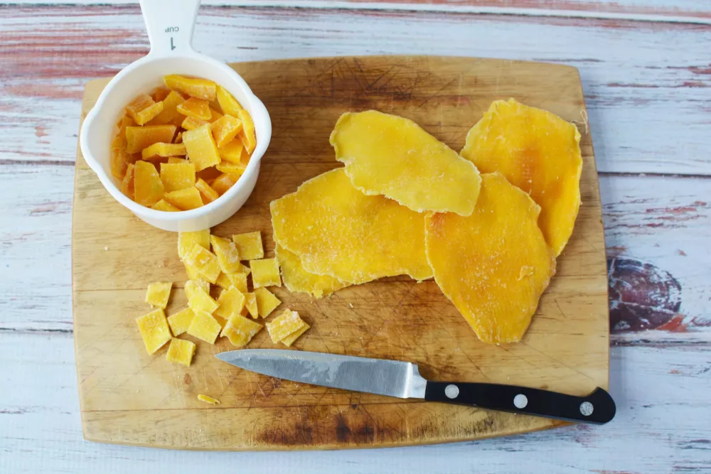 Chop your mangoes into small, bite sized pieces.