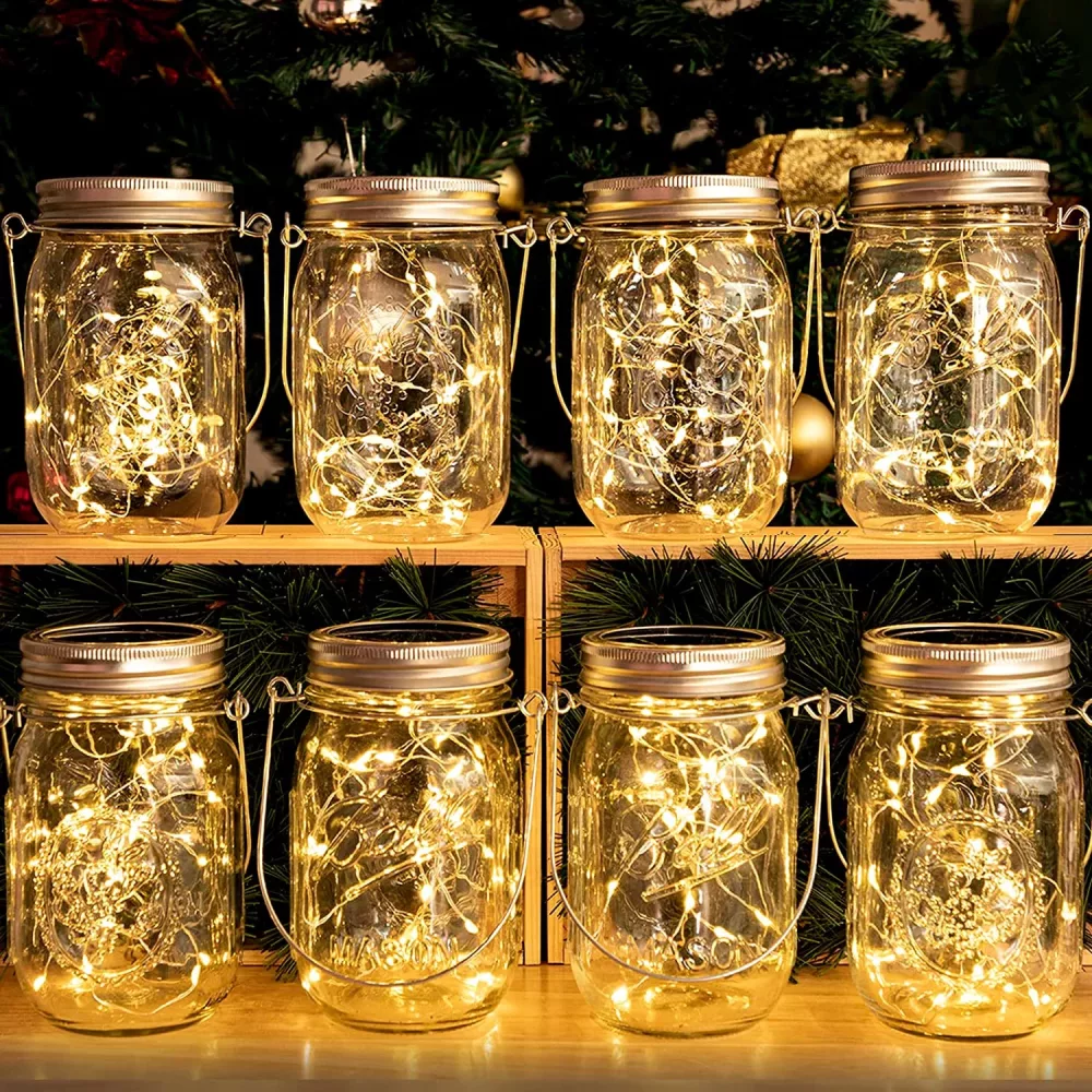 HXWEIYE 8 Pack Solar Mason Jar Lights, 30LED Hanging Outdoor Mason Jar Solar Lanterns, Warm White Waterproof Fairy Lights
