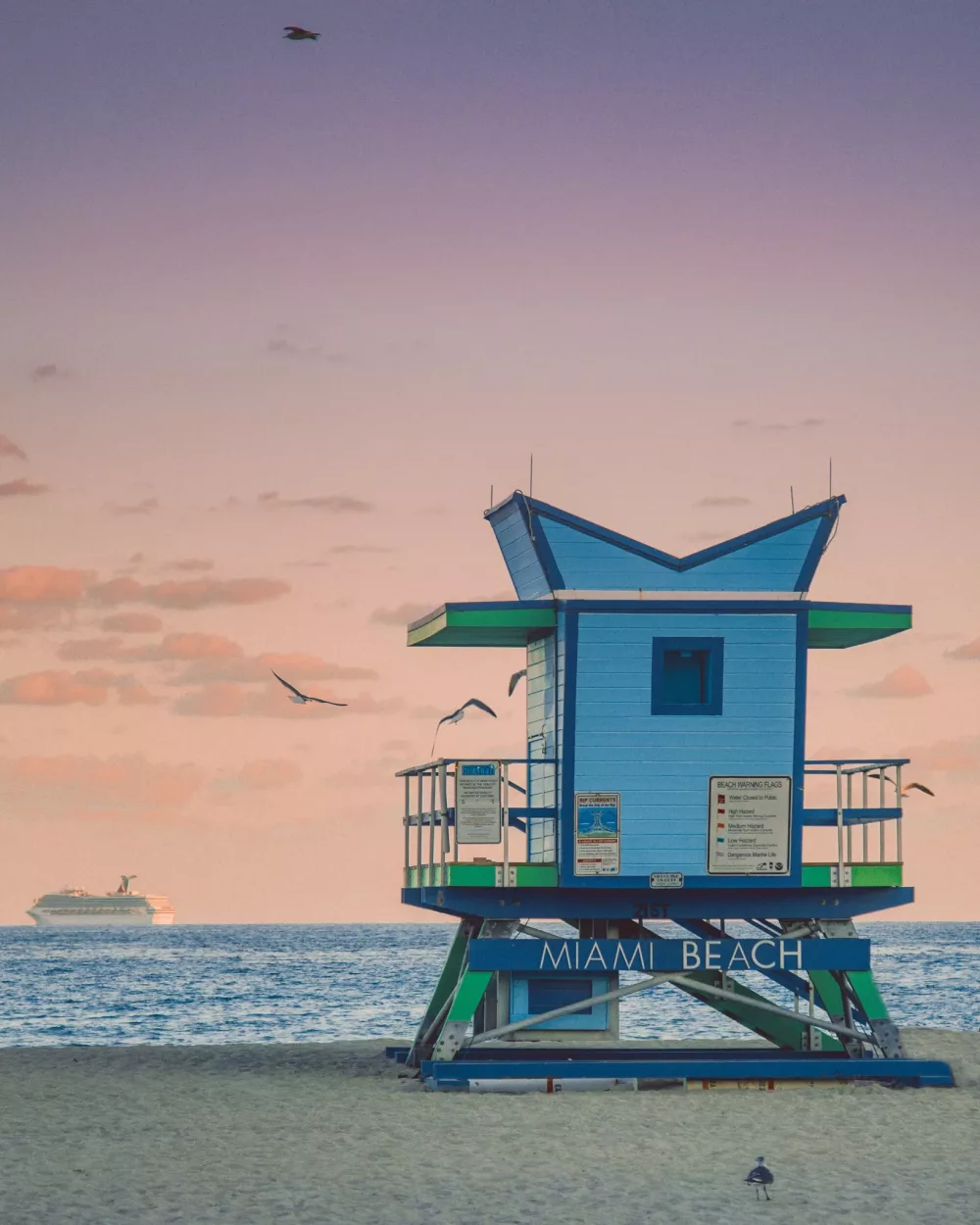 lifeguard stand on Miami beach in sunset