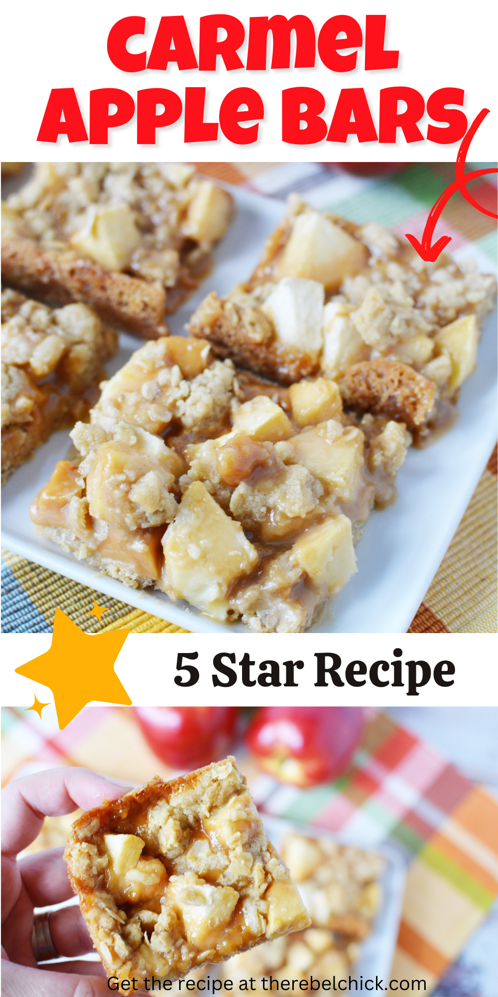 oatmeal bars covered in chunks of apples and drizzled with caramel