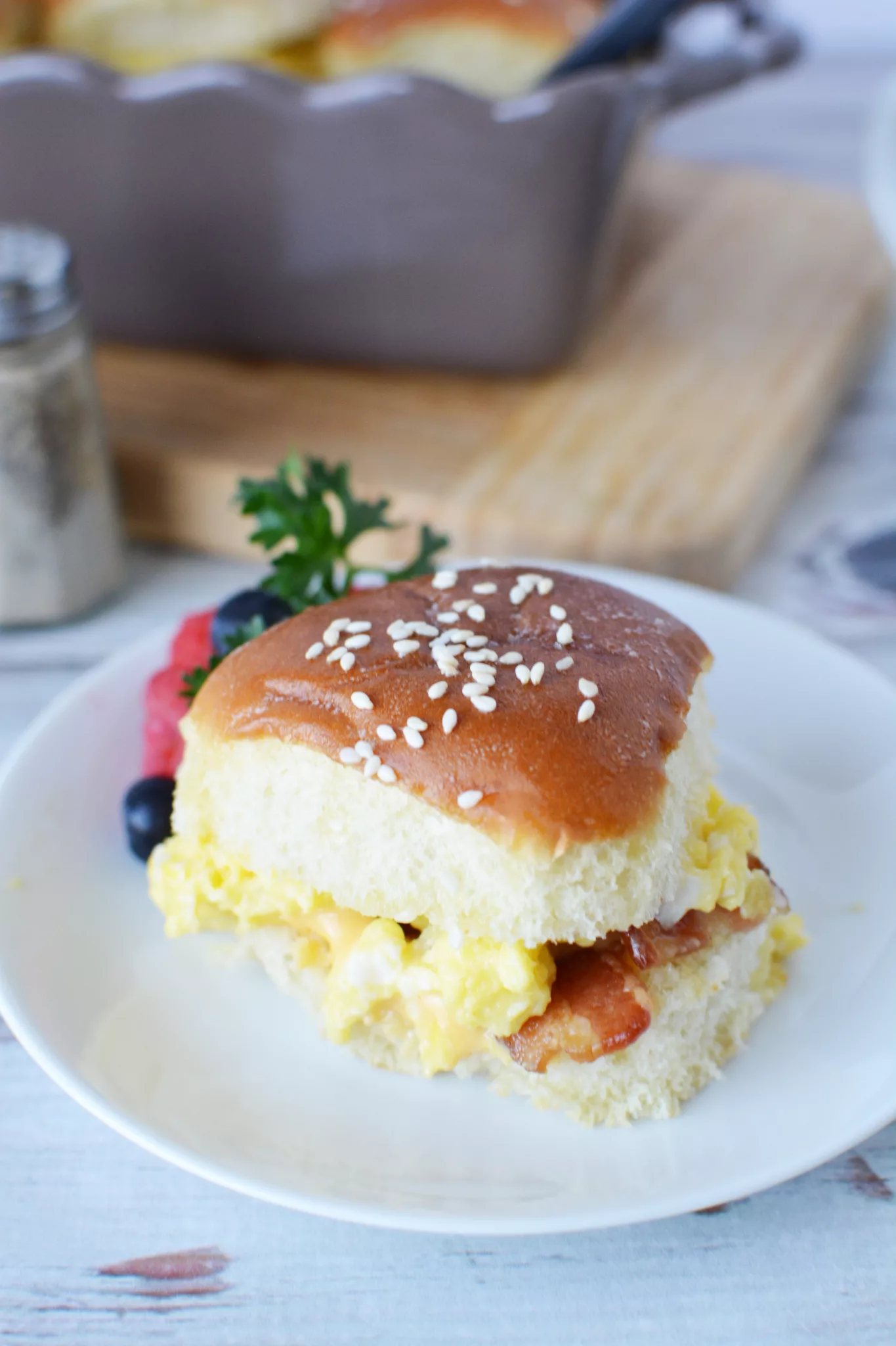 Hawaiian Rolls filled with scrambled eggs, cheese and bacon