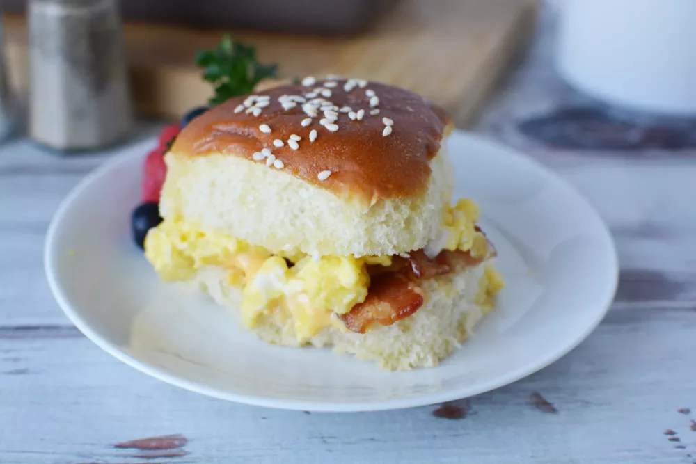 Hawaiian Rolls filled with scrambled eggs, cheese and bacon