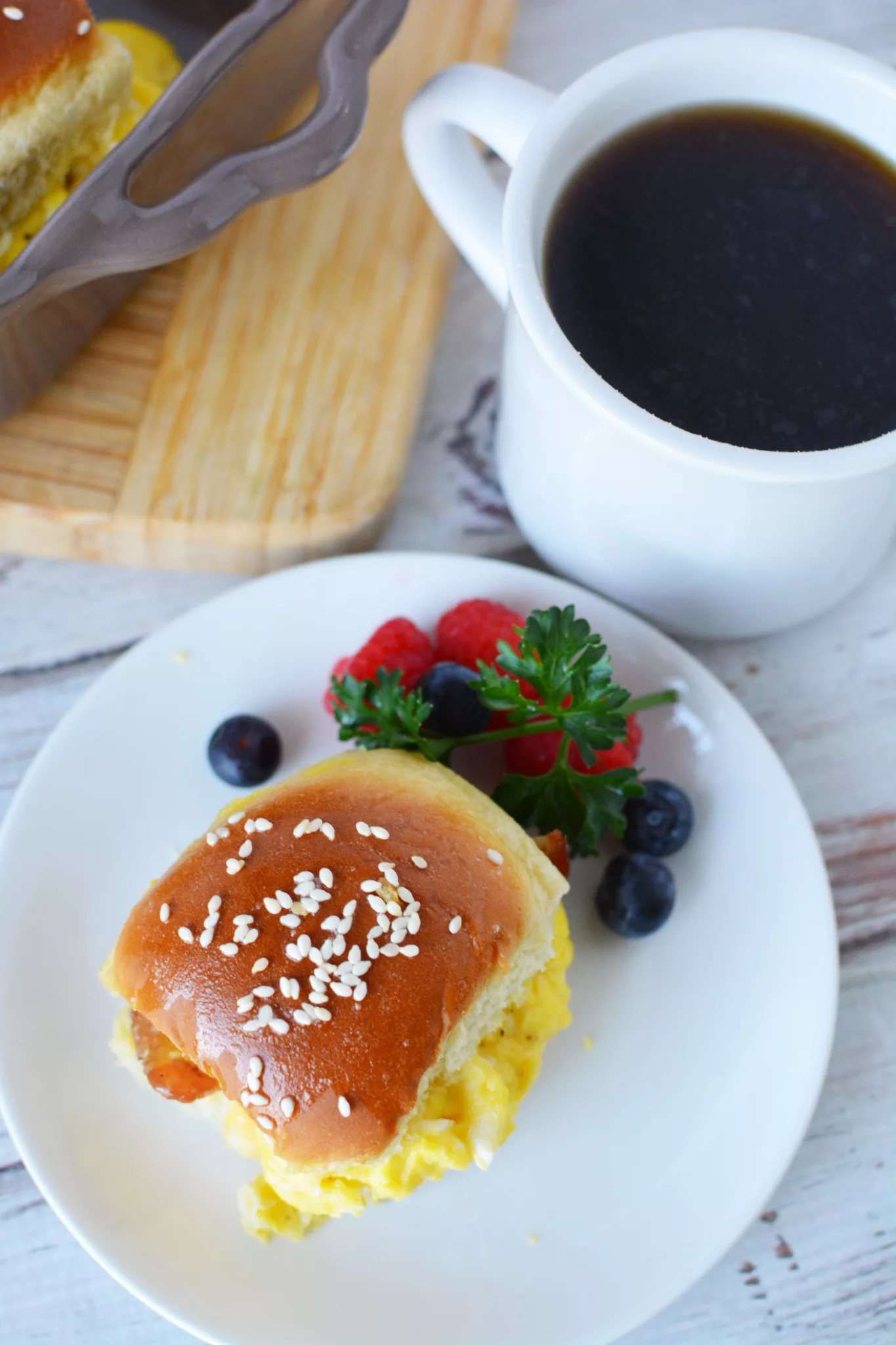 Hawaiian Rolls filled with scrambled eggs, cheese and bacon