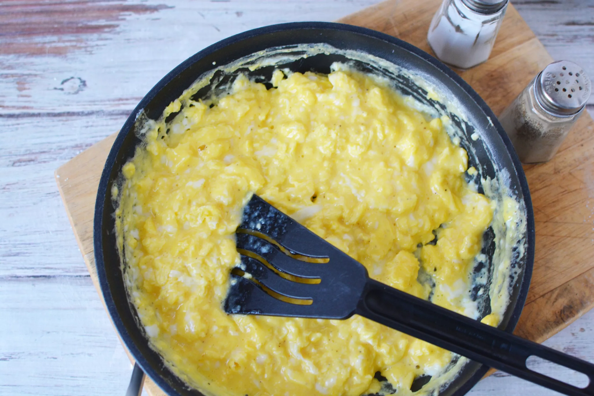 scrambled eggs in a skillet