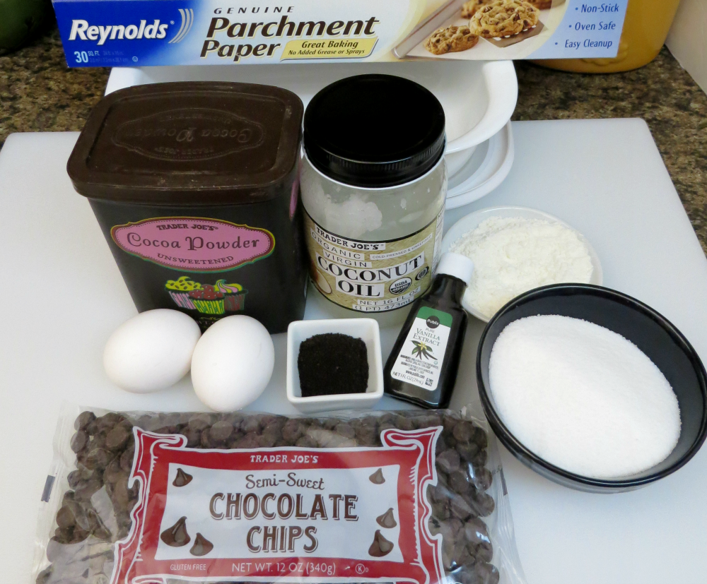 Indivdidual ingredients for dairy free brownies on table.