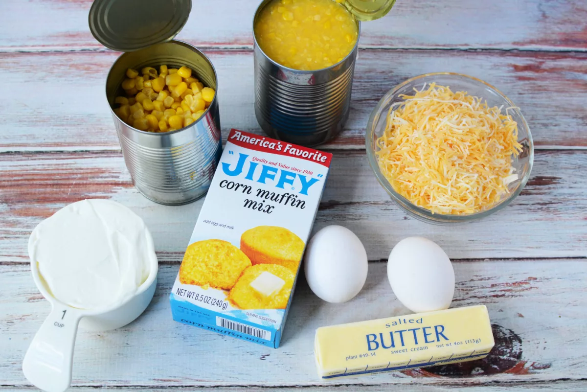 jiffy cornbread mix, eggs, butter, sour cream, corn, creamed corn and shredded cheese