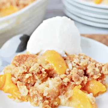 cobbler on a plate with slices of peaches and a big scoop of vanilla ice cream