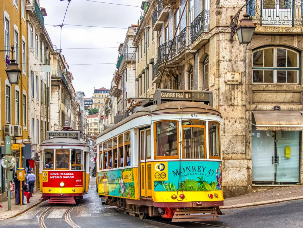 colorful streetcars in Portugal