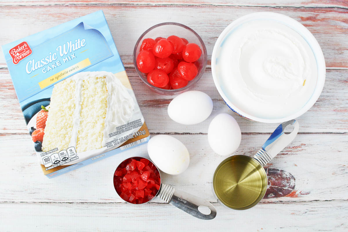 white cake mix, maraschino cherries, cool whip and eggs
