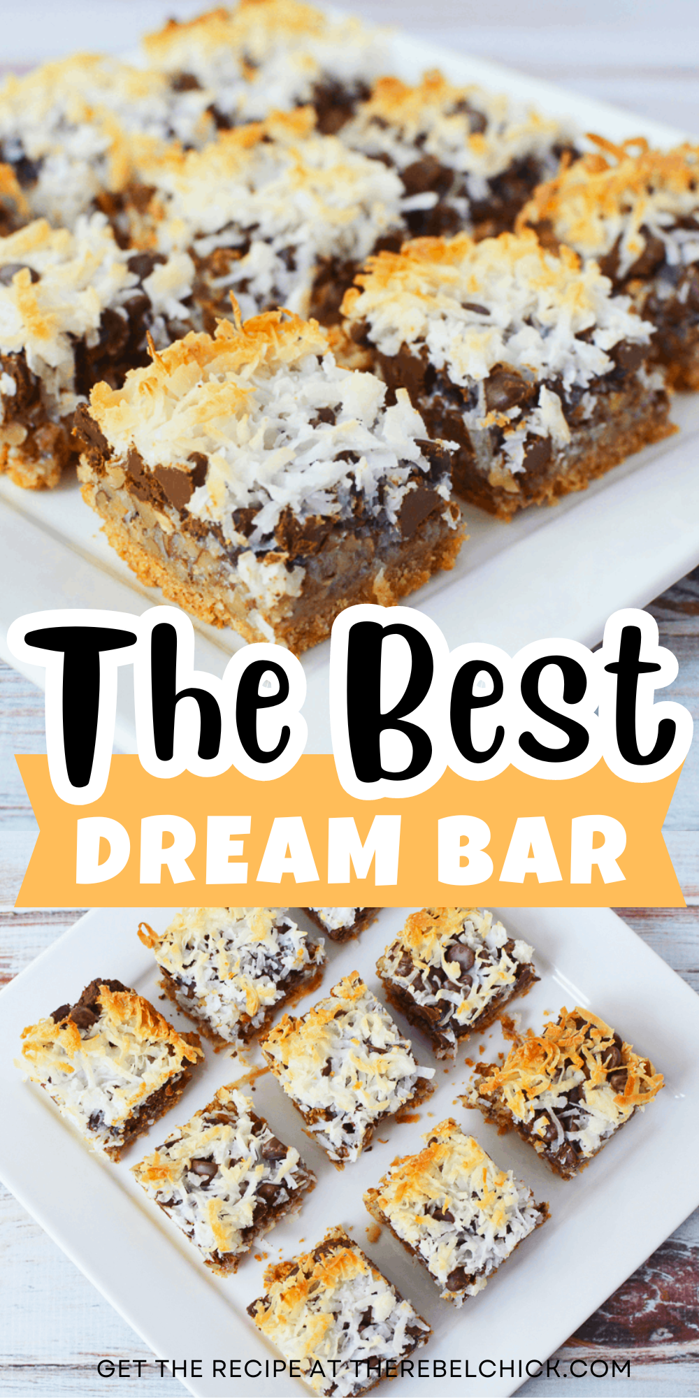 Dream Bar with chocolate chips and covered in toasted coconut flakes