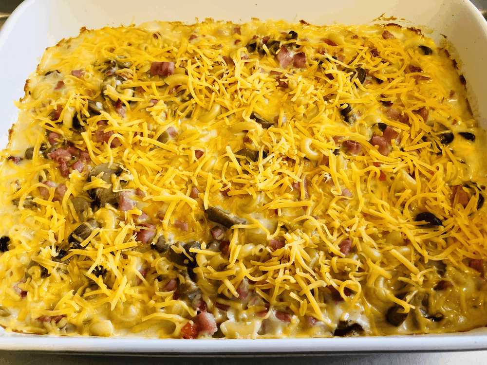 Baking dish full of macaroni and ham casserole topped with cheese.