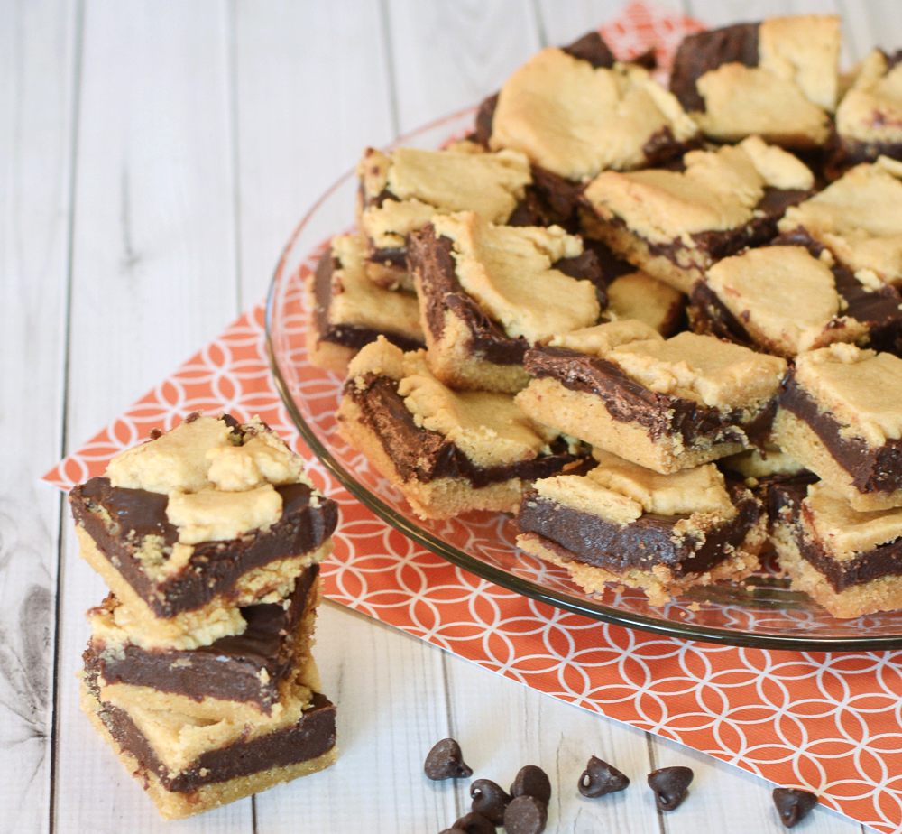 Peanut Butter Cookie Bars stacked on a dessert plate