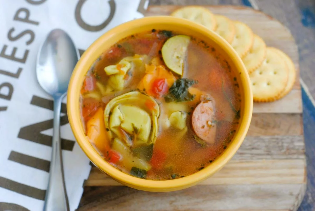 Tortellini and Sausage Soup in a bowl