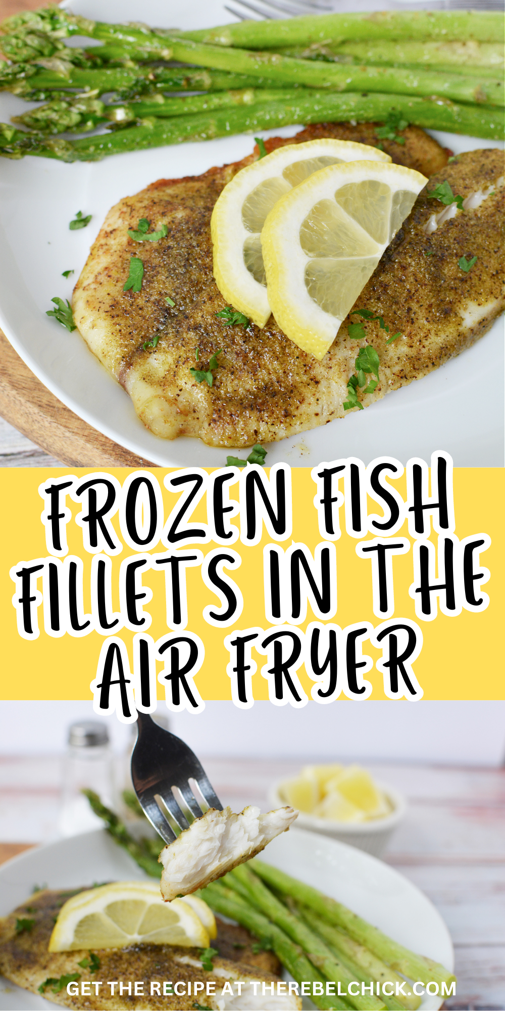 Plateful of air fryer frozen fish with asparagus.