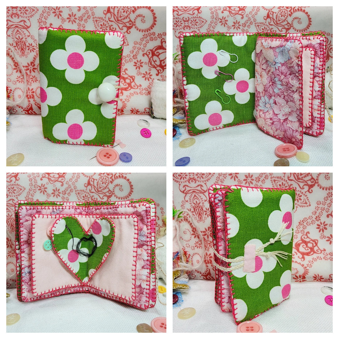 Collage of vintage green, white, and red floral print needlebook.