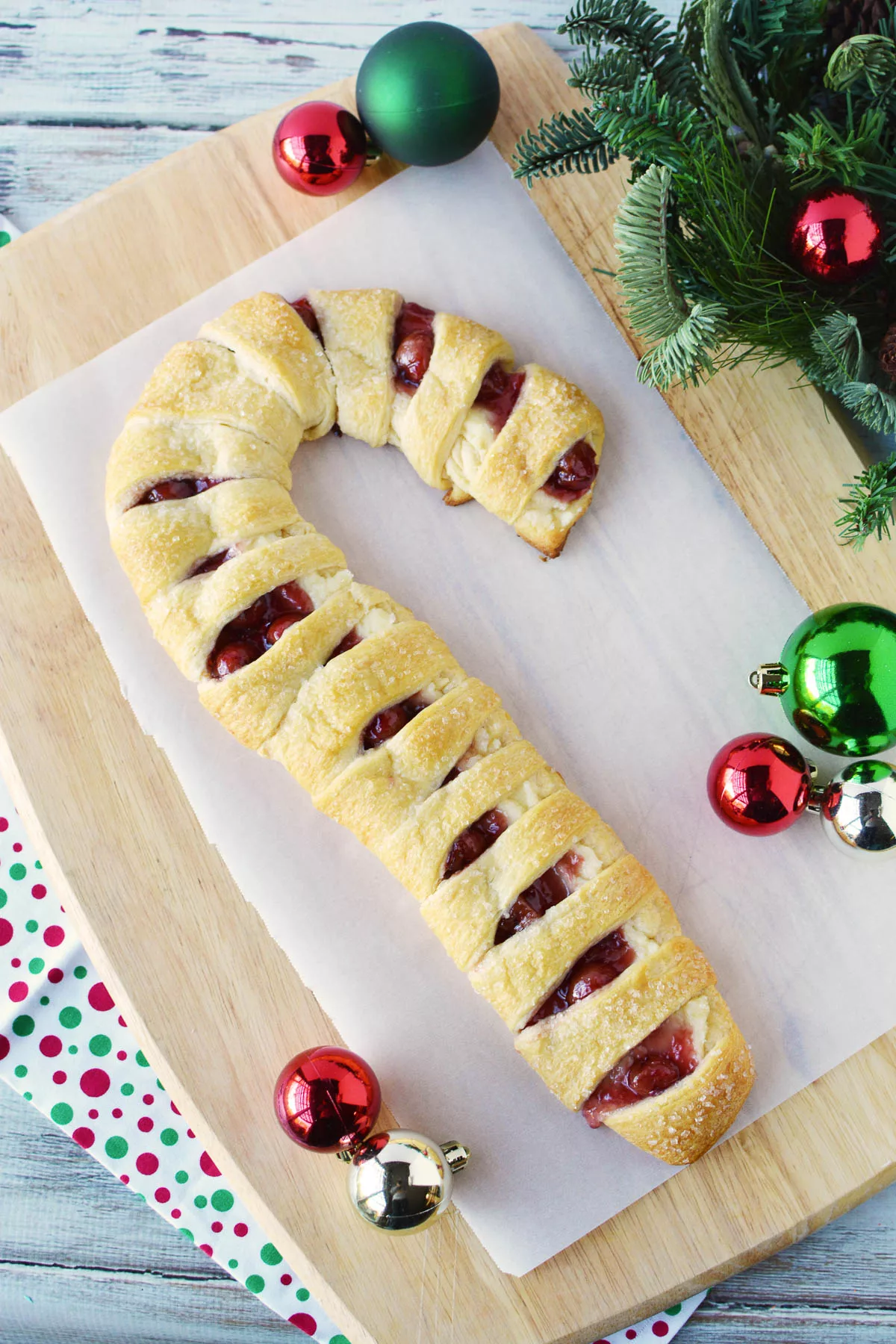 Crescent Roll Cream Cheese Danish shaped like a Candy Cane