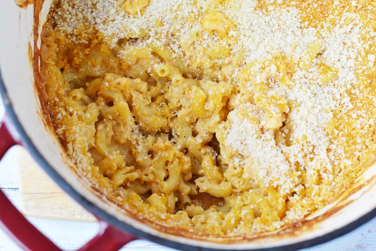 Homemade mac and cheese in a dutch oven 