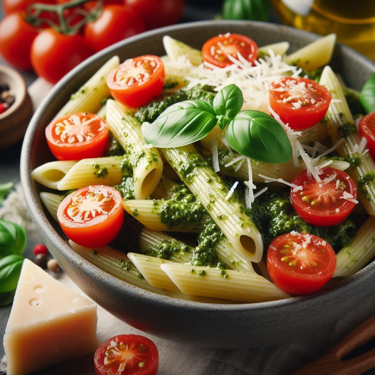 penne Pasta with Pesto sauce and cherry tomatoes