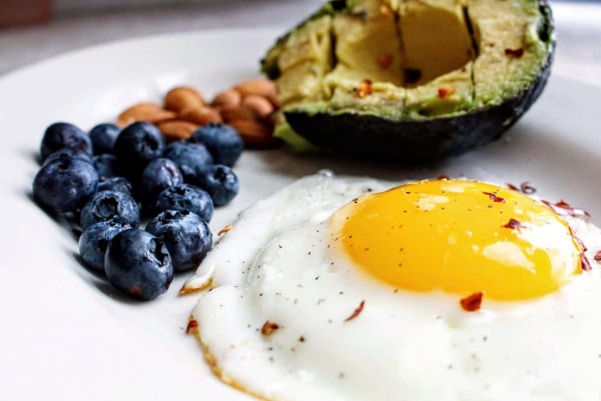 eggs, blueberries, avocado and almonds on a plate