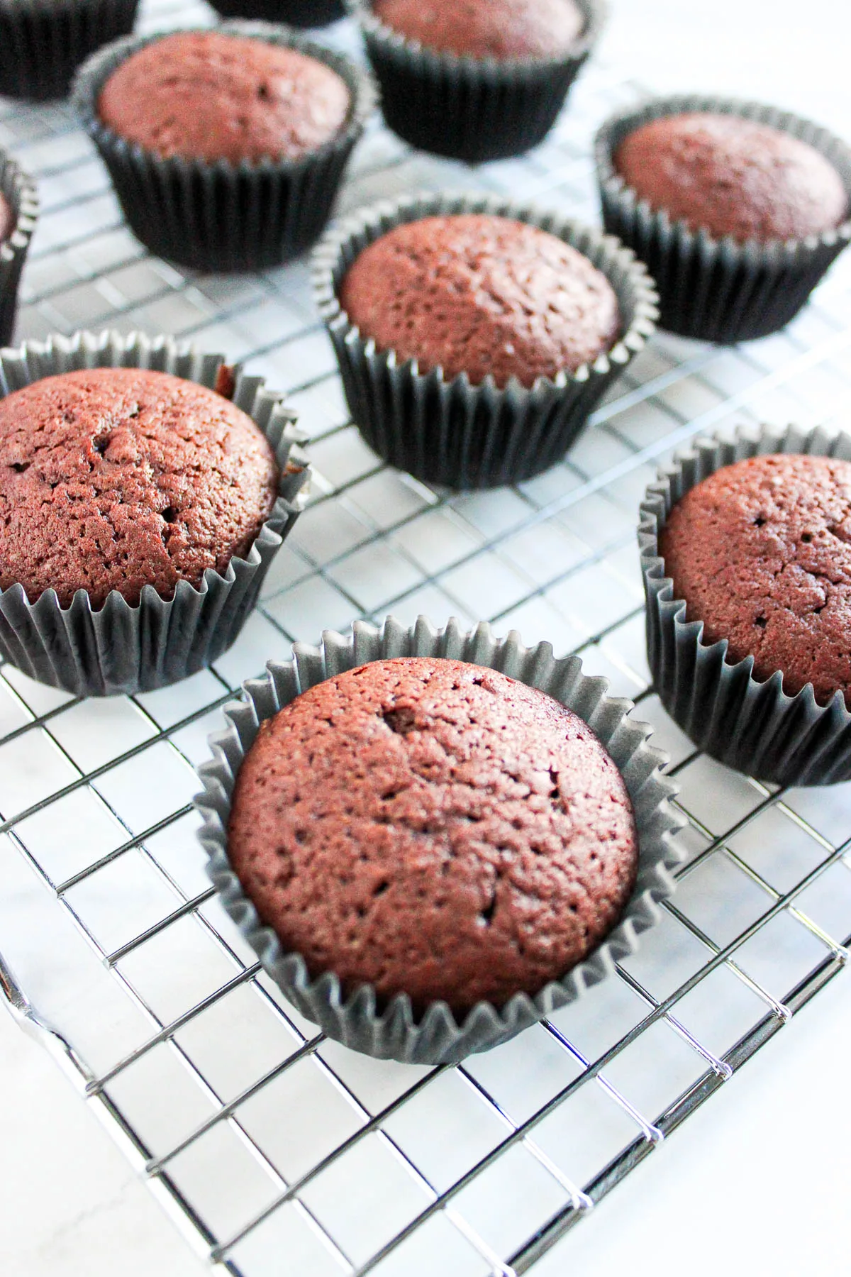 Baked chocolate cupcakes cooling on a cooling rack. 