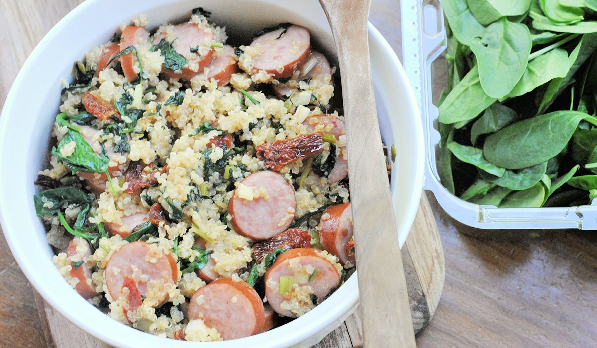 Smoked Sausage with Quinoa, Sun dried Tomato and Spinach