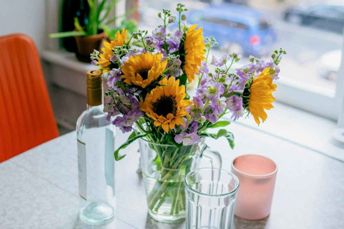 bouquet of sunflowers on a white table
