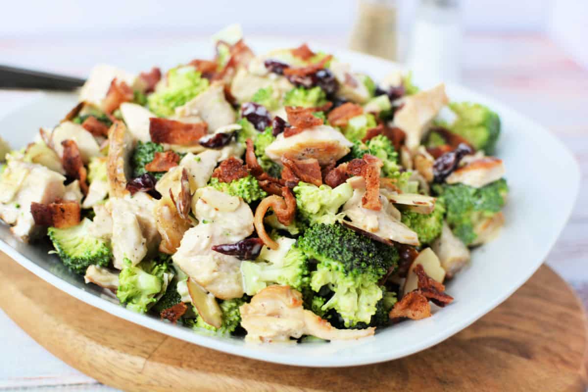 broccoli chicken salad ion a white plate