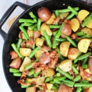 Potatoes and Green Beans in a cast iron skillet