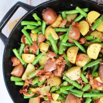 Potatoes and Green Beans in a cast iron skillet