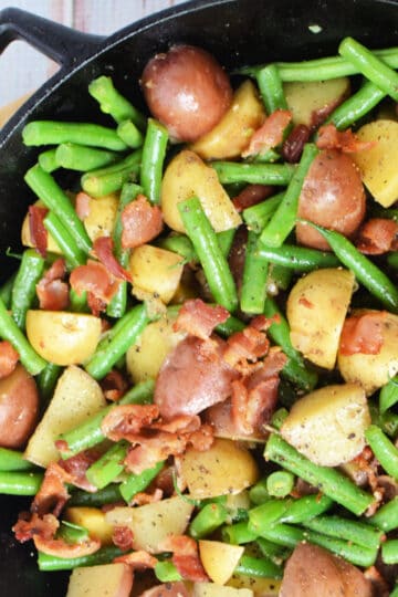 Potatoes and Green Beans in a cast iron skillet