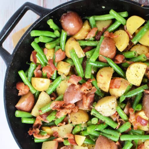 Potatoes and Green Beans in a cast iron skillet
